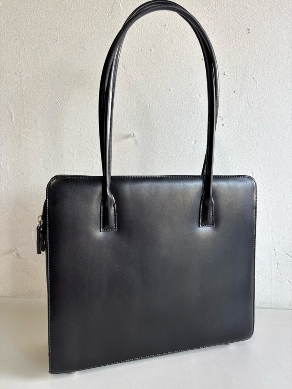 Designer Inspired Black Smooth Leather Top-Handle Tote - Picture 2 of 6